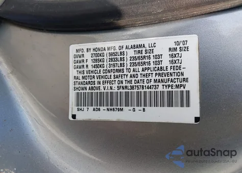 2007 Honda Odyssey Ex-L from USA, damaged, VIN 5FNRL38757B144737